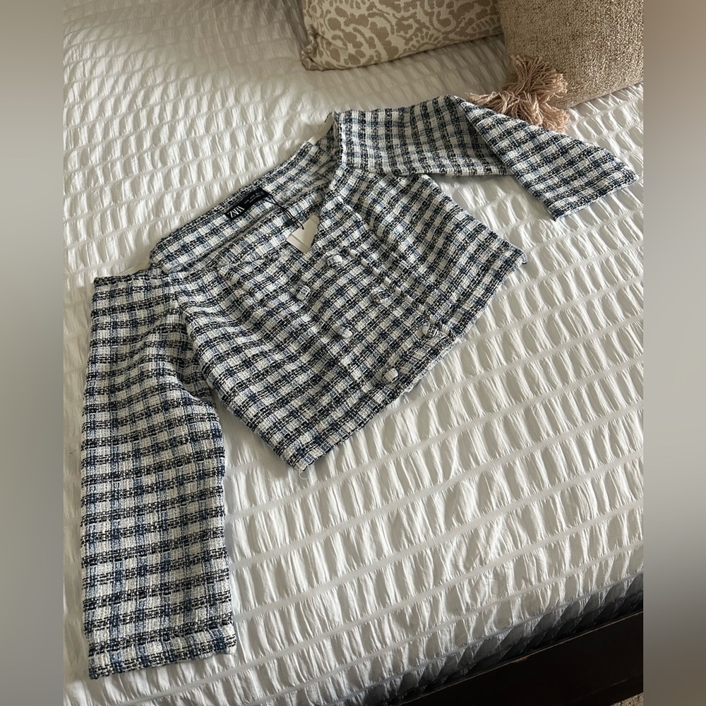 Zara Blue and White Checkered Crop Top